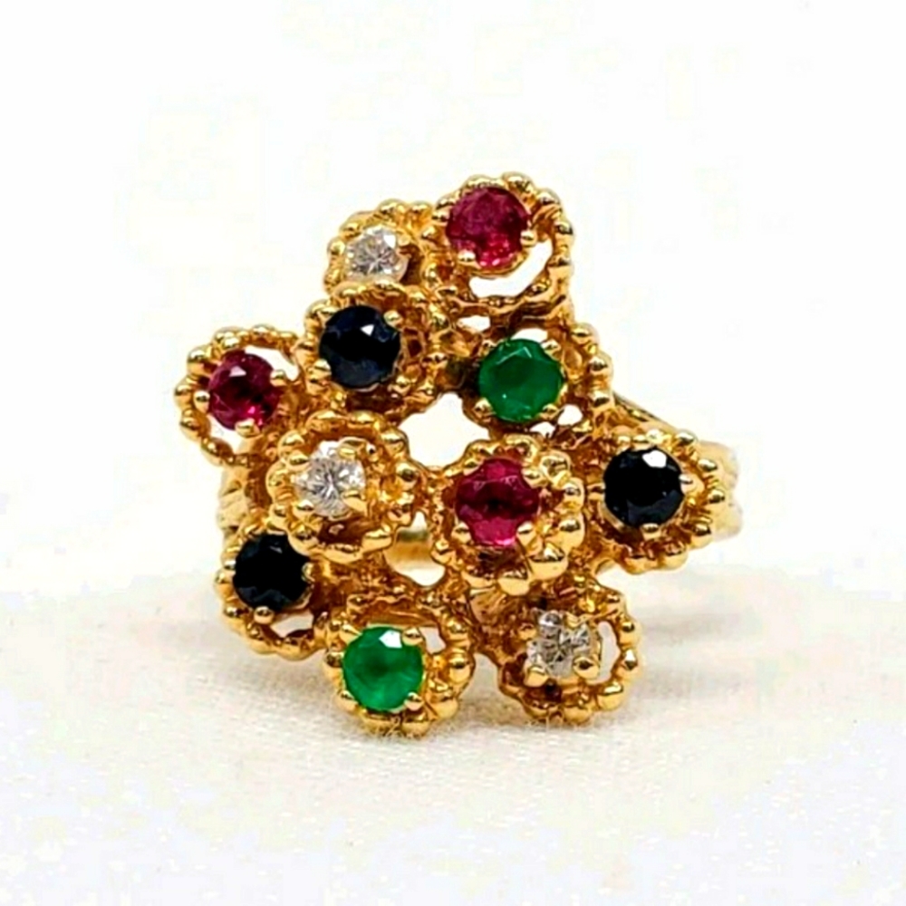 🎀 Vintage Estate 14k Gold Ruby Sapphire Emerald Diamond Cluster Ring Sz 8 🎀